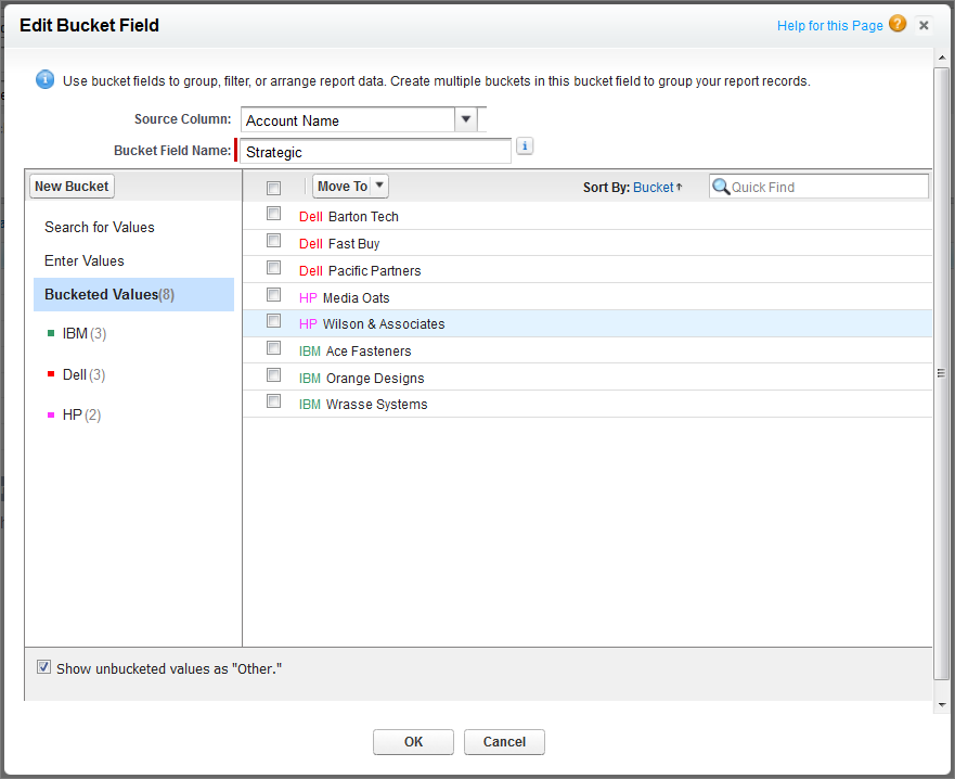 Edit Bucket Field dialog with the three buckets configured