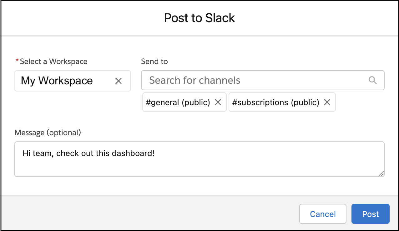 Dialogfeld zum Auswählen des Workspace und der Channels in Slack