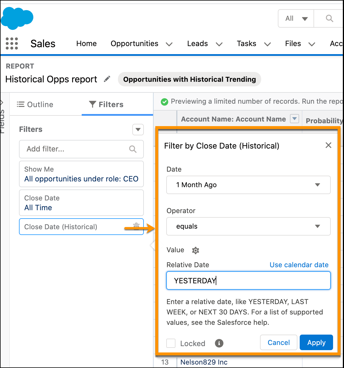 Settings for the historical Close Date filter