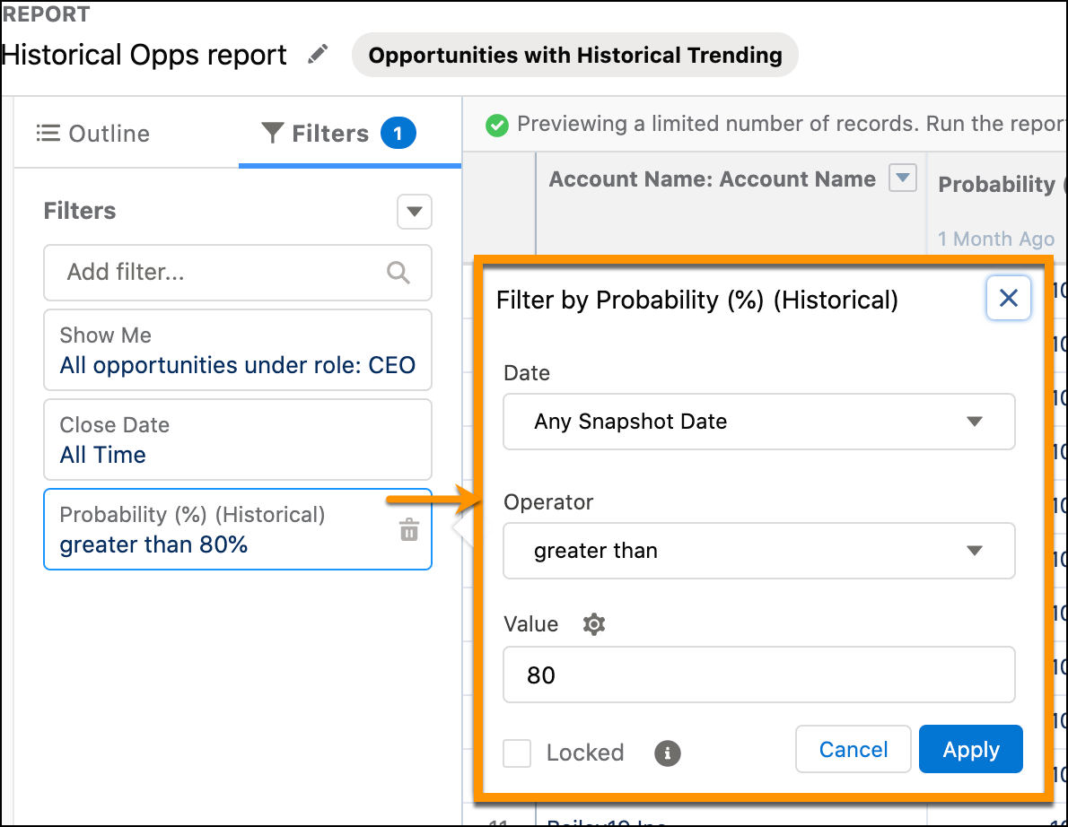 Settings for the historical Probability filter