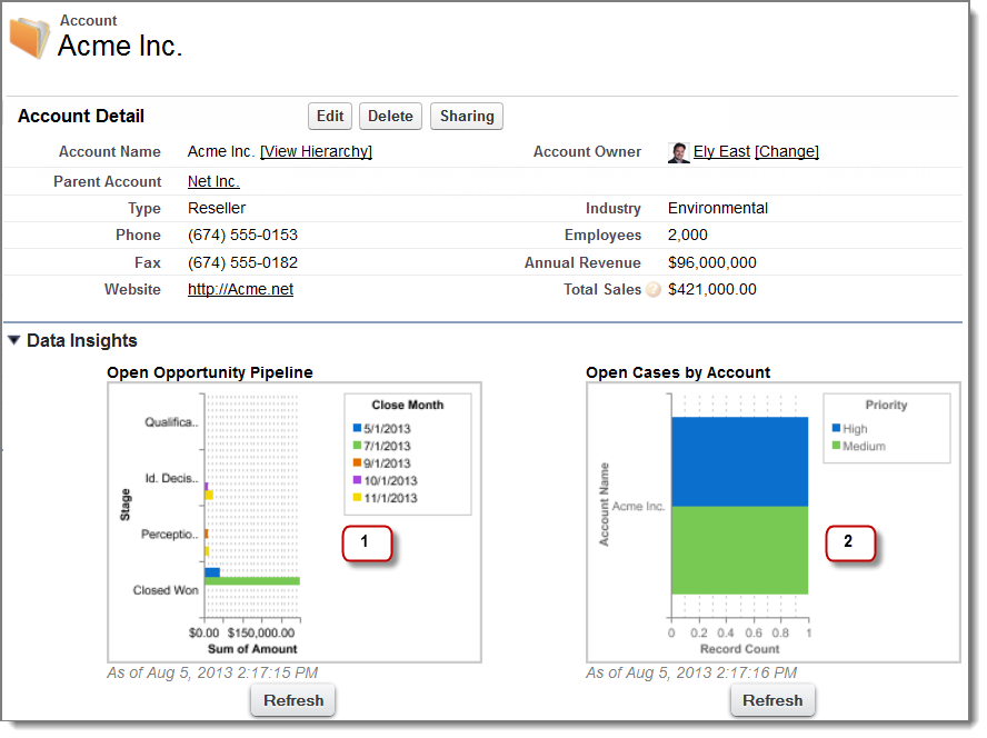 Report chart on an Account Detail page showing two numbered sections