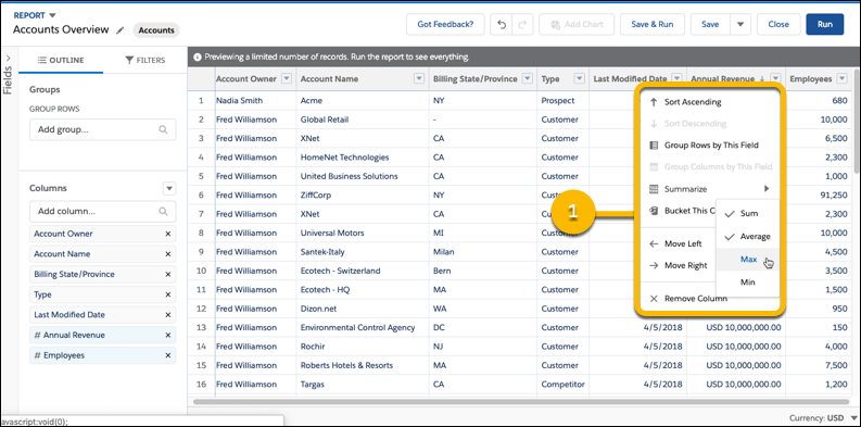 Report with a numbered callout showing how to access the summarize options