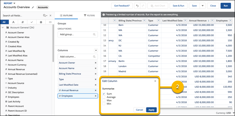 Report with a numbered callout showing how to summarize data from the Outline pane