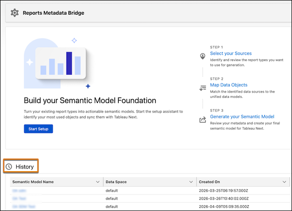 Reports Metadata Bridge landing page with a History section listing previously generated semantic models