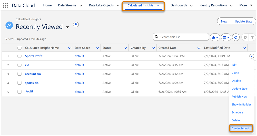 Create Report option from DMO Action menu