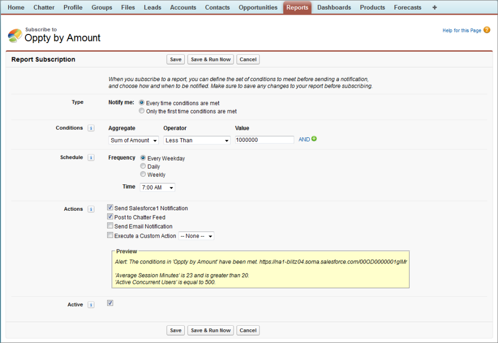 Report Subscription page