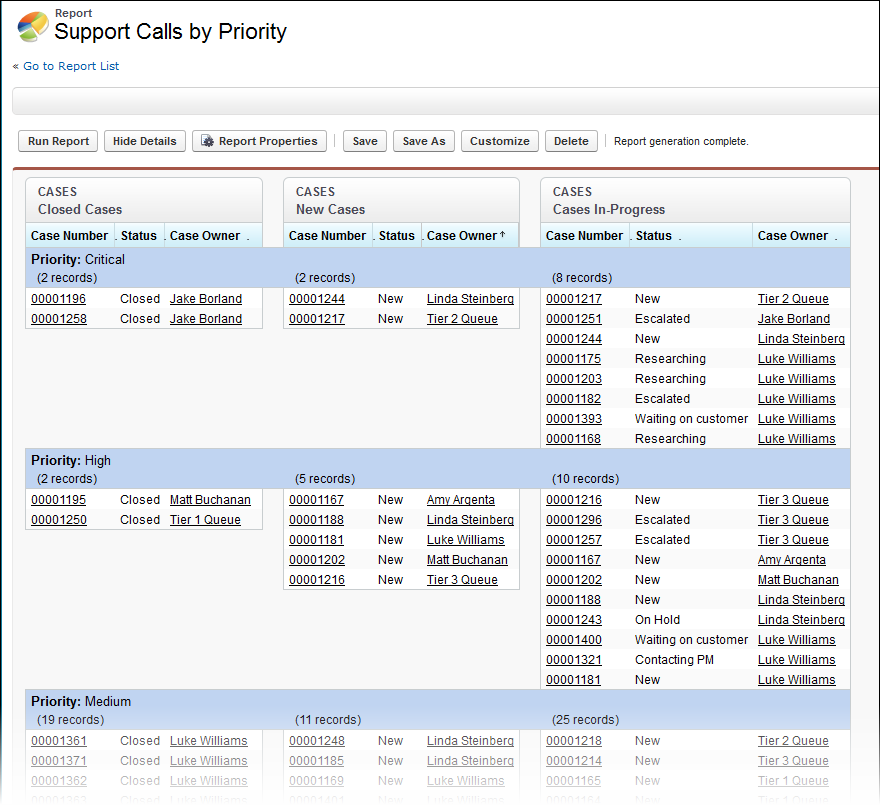 A Support Calls by Priority joined report.