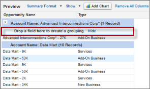Report page showing where to drop a field into the drop zone to create a grouping