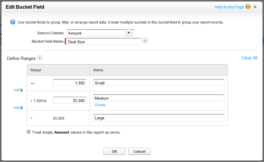 Edit Bucket Field dialog with bucket field and three ranges configured as described in the steps