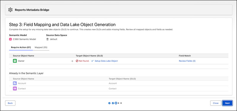 Field mapping and DLO generation for extending a semantic model