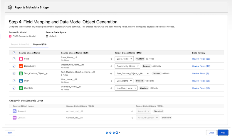 Field mapping and DMO generation for extending a semantic model