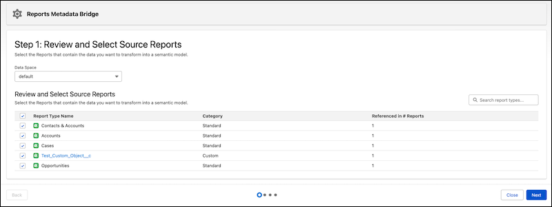 Select data space and source reports for new semantic model