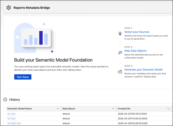 Reports Metadata Bridge landing page with the Start Setup button.
