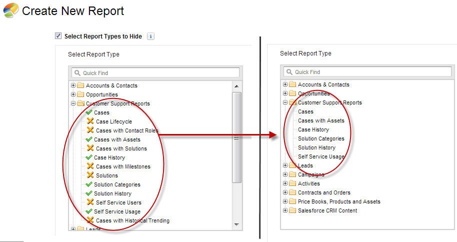 Create Report dialog showing how to hide report types