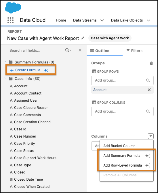 Data 360 report with Create Formula under Fields, plus Add Summary Formula and Add Row-Level Formula in Columns menu