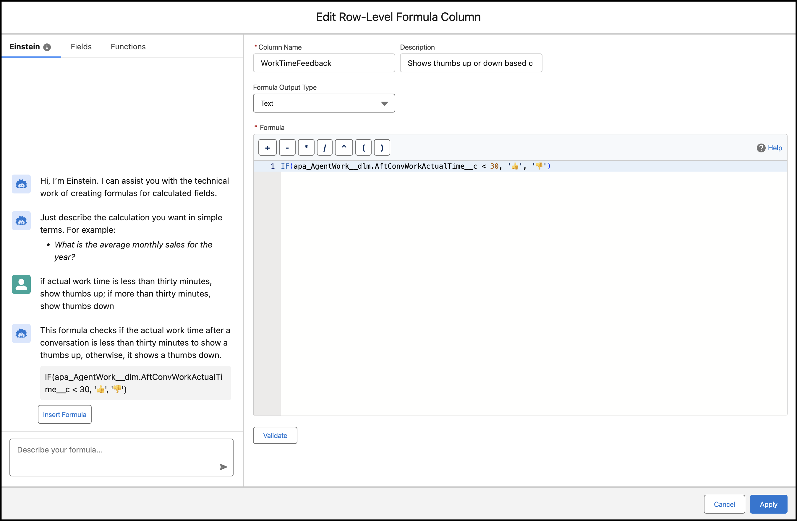 Formula builder with Einstein response formula