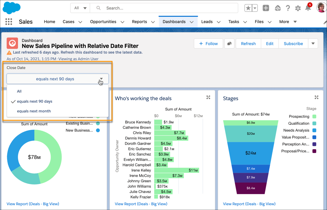 Painel com filtro de data relativa mostrando valores para os próximos 90 dias e o mês seguinte