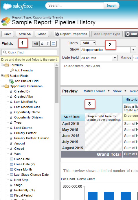 Report builder page showing three numbered sections