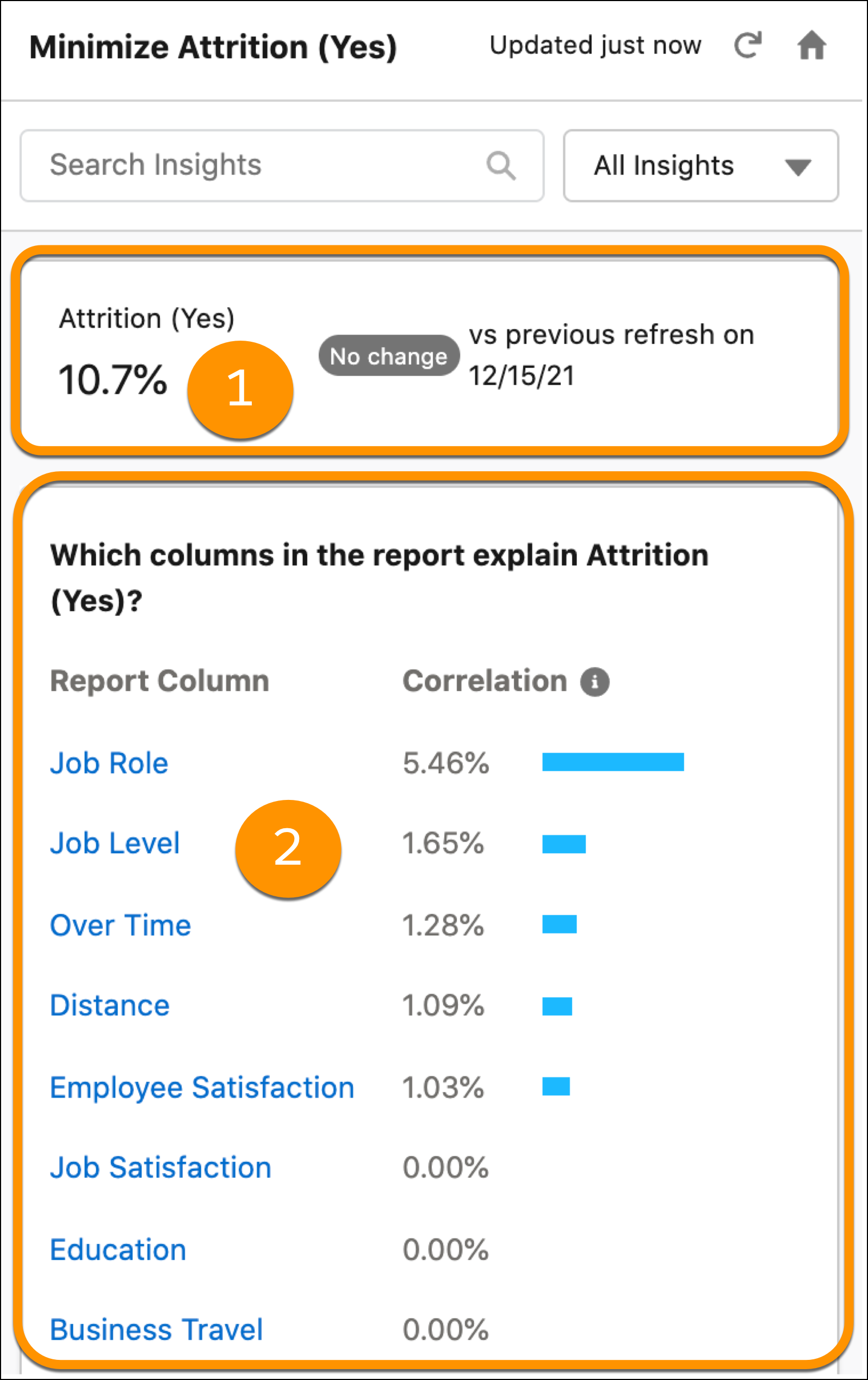 Einstein analyzes your report data, shows a summary of the results, and shows report columns ranked by correlation percentage.