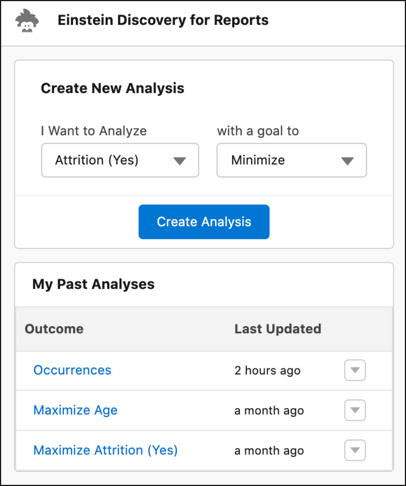 Einstein Discovery in Reports prompts you to select an outcome for analysis as well as whether to minimize or maximize that outcome.