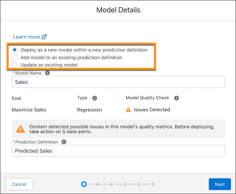 Seite zum Bereitstellen eines Modells mit Prognoseoptionen