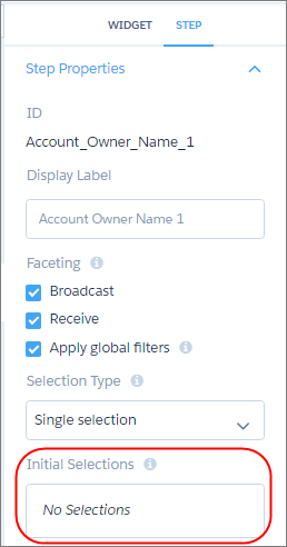 The Initial Filters step property shows the initial value for a step.
