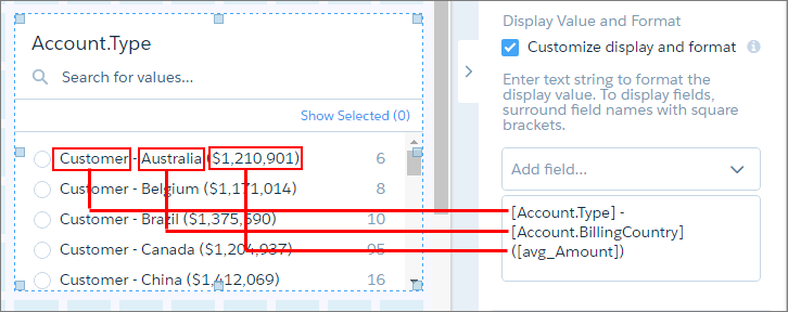 Each specified field appears in the value for the list widget.