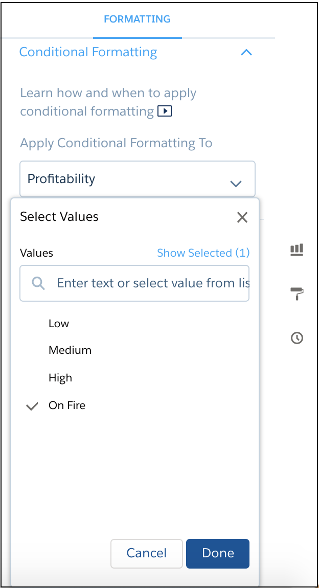Select Values for conditional formatting with custom string added to the list