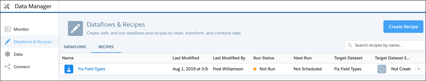 Data Prep lists existing recipes.