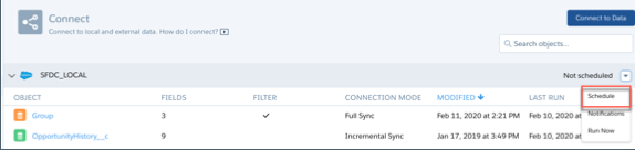 Analytics Data Manager Connect tab with Schedule selected from menu