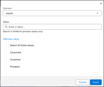 The term modal allows you to set the term operator and value.