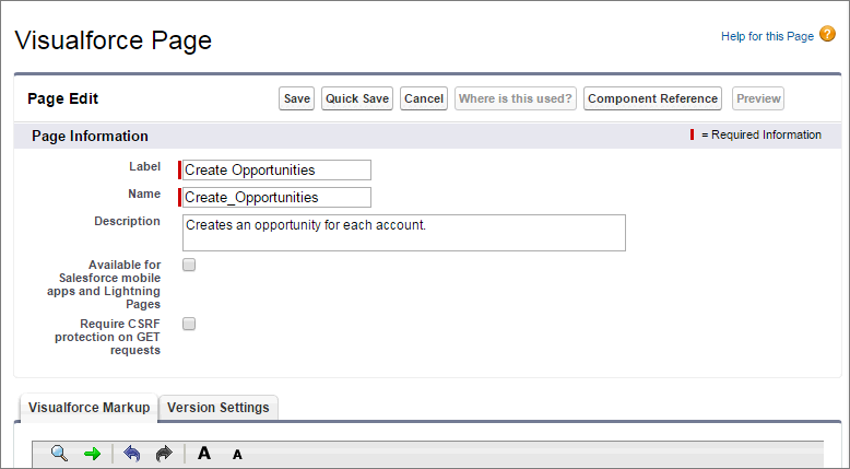 Define the details about the Visualforce page.