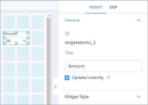 Dashboard with a range widget. The widget properties show in the panel on the right.