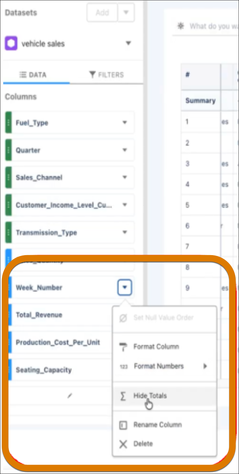 Hiding a column in a compare table.