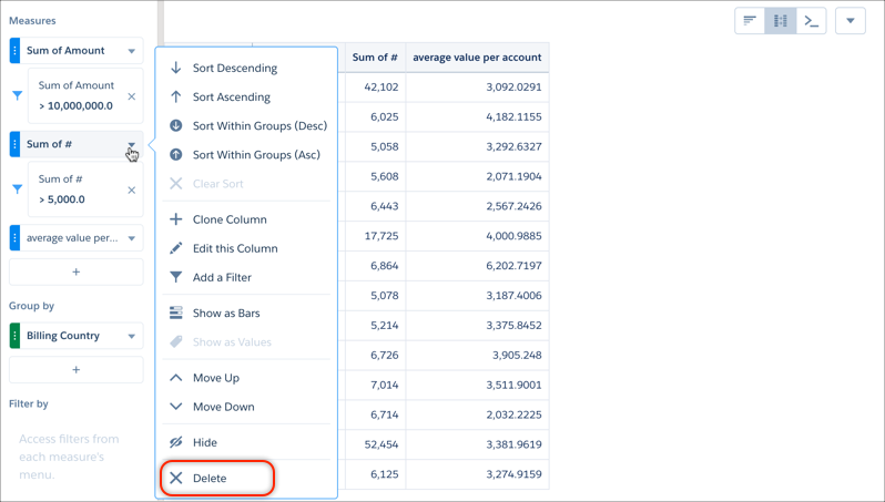 Explorer compare table column delete buttons