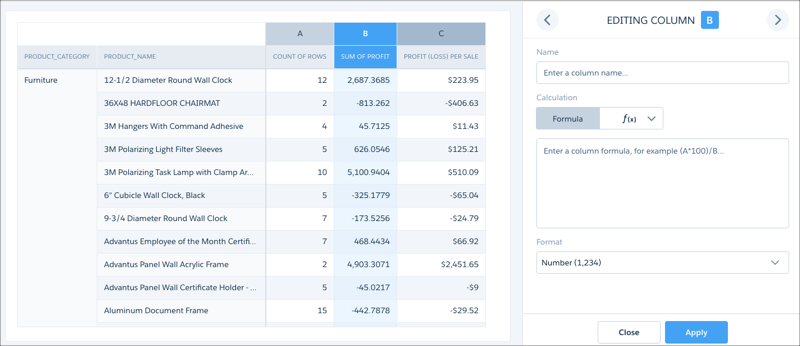 Explorer compare table column editor with navigation arrows