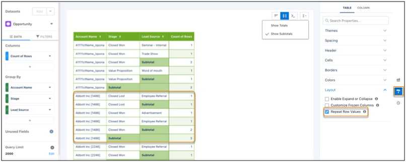 Repeat Row Values turned on for a compare table