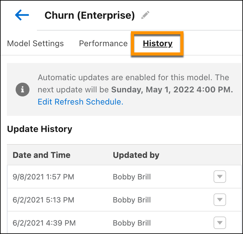 Model Manager side panel, showing the History tab