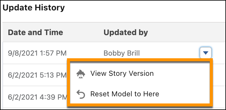 Model Manager side panel, model history, showing menu commands