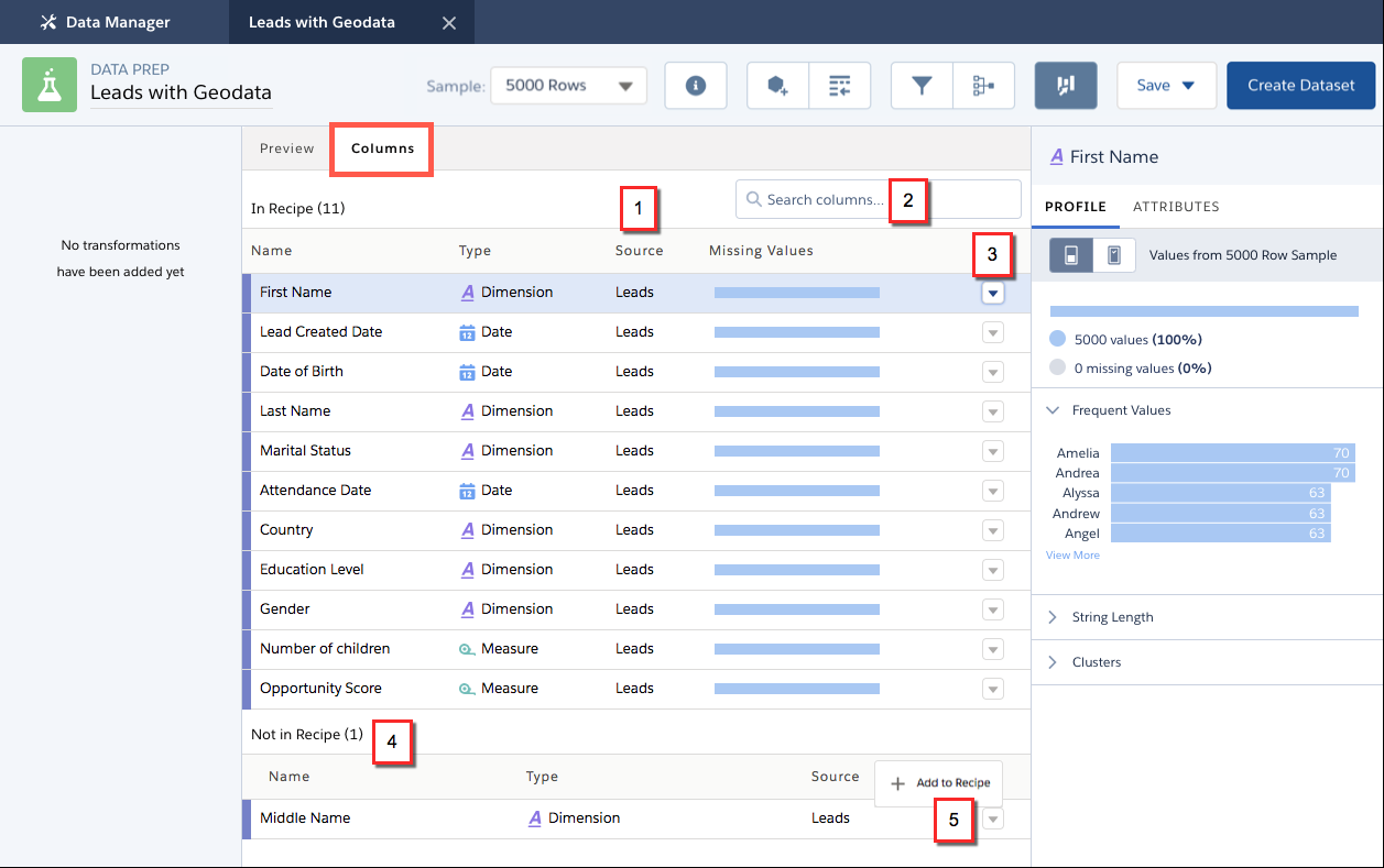 Columns tab in recipe builder