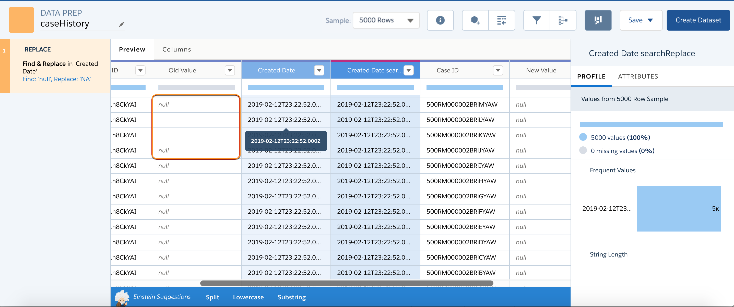 The recipe editor shows empty values for empty strings and "null" for null values.