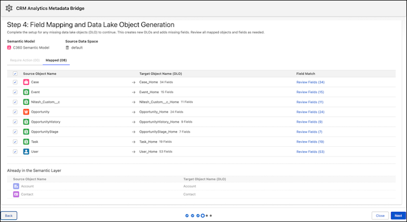 Selecting source objects to map to the data lake objects