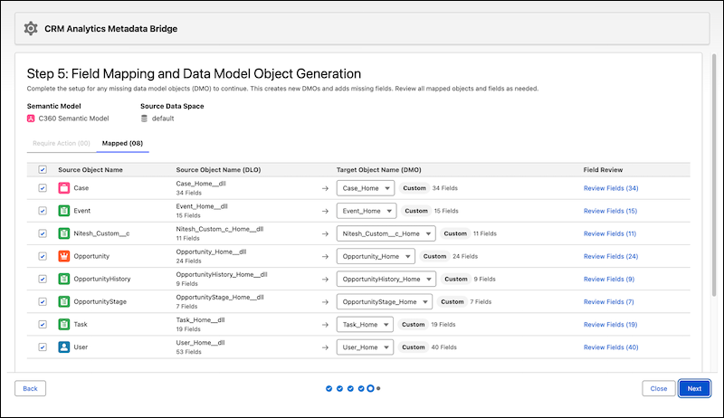 Selecting source objects to map to the data model objects