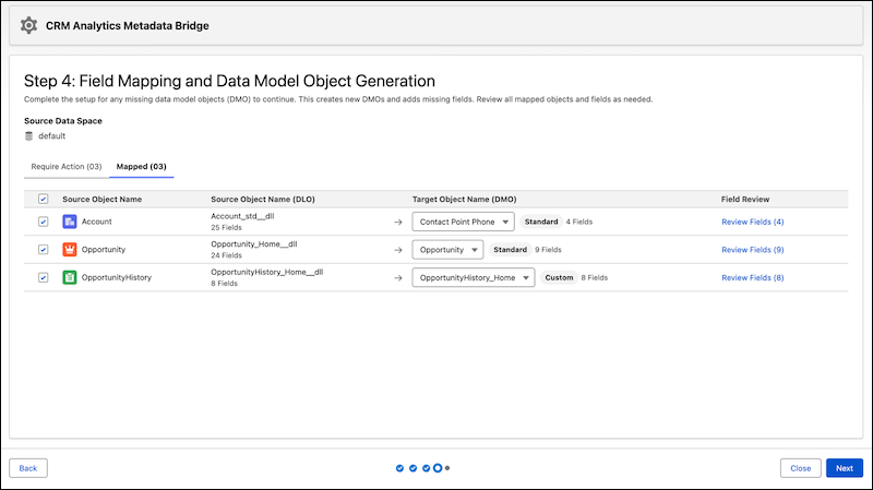 Mapping source objects to target DMOs