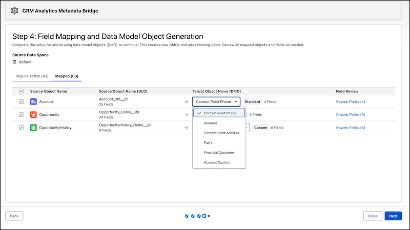 Selecting the target DMO for mapping