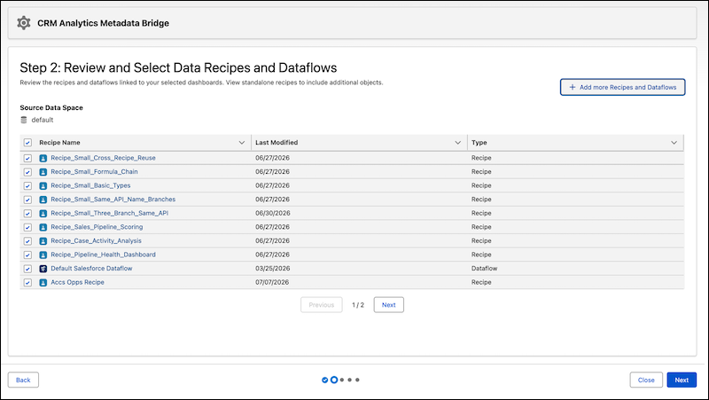 Selecting data recipes and dataflows for new semantic models
