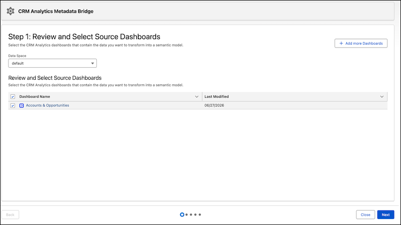 Selecting data space and source dashboards for new semantic models