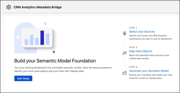 CRM Analytics Metadata Bridge reports landing page with the Start Setup button.