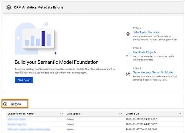 CRM Analytics Metadata Bridge landing page with a History section listing previously generated semantic models