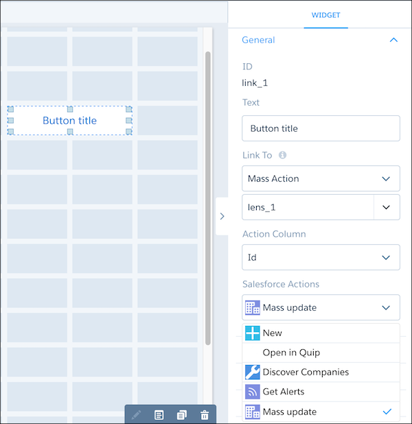 Mass Action Link Widget Property Panel